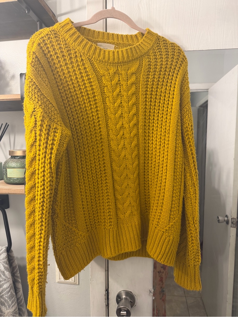 Womens Cable Knit Crewneck Sweater in Mustard
